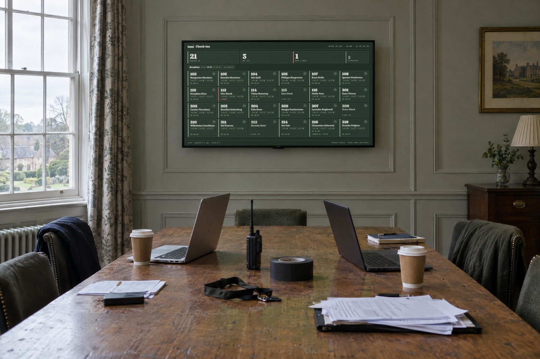The welfare wall board on a TV in a hotel meeting room used as the production office